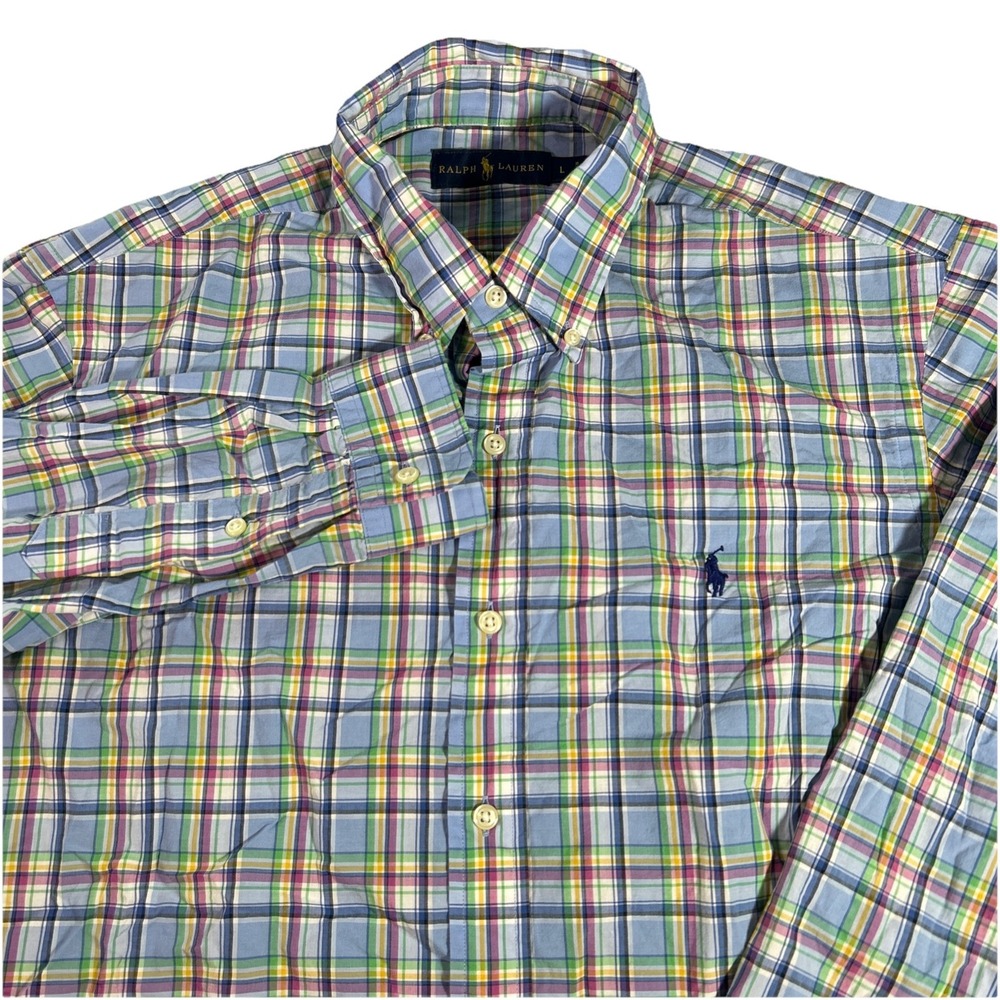 Ralph Lauren Men's L Colorful Plaid‎ Long Sleeve Button Down Pony Shirt Preppy